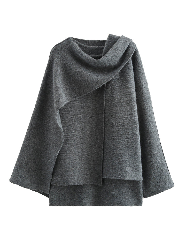 Damen 900+ drapierter Oversize Poncho‑Pullover mit Wasserfallkragen und Zierknopf Drune