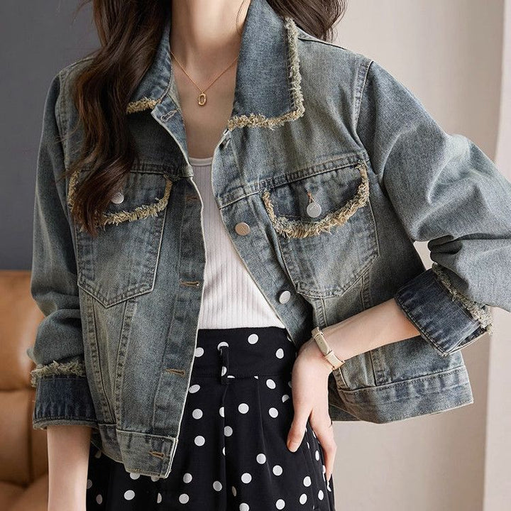 Damen lässige Denimjacke mit modischen Fransen und dekorativen Knopfdetails Drune