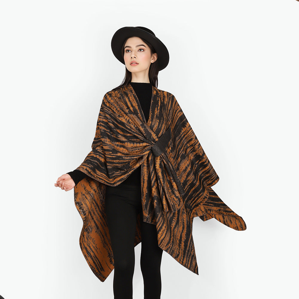 Damen Jacquard-Cape-Überwurf mit strukturierter Wellenoptik, Bindegürtel und asymmetrischem Zipfelsaum Drune