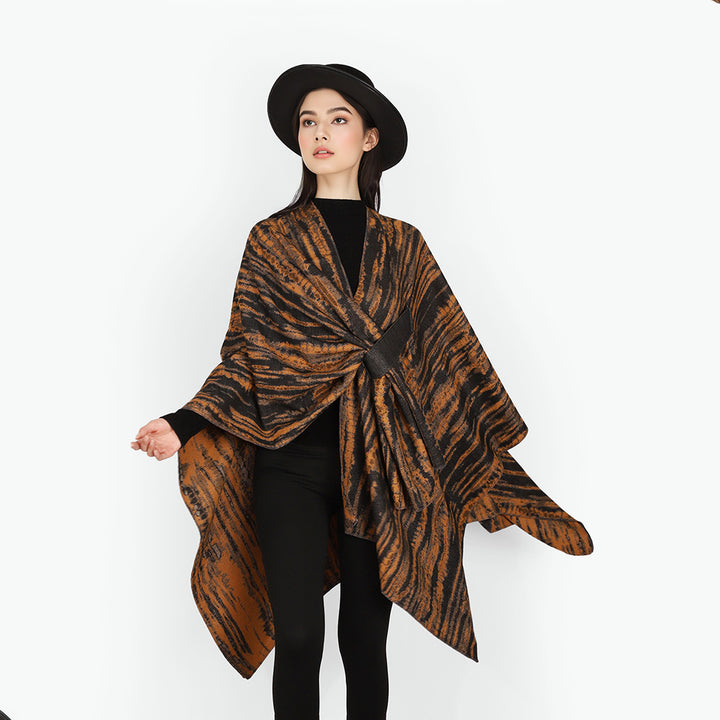 Damen Jacquard-Cape-Überwurf mit strukturierter Wellenoptik, Bindegürtel und asymmetrischem Zipfelsaum Drune
