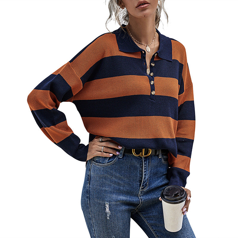 Damen Eleganter Pullover mit Polo-Kragen und Streifen Drune