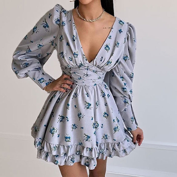 Damen kurzes Kleid mit lockeren Ärmeln und verspieltem Blumenmuster Drune