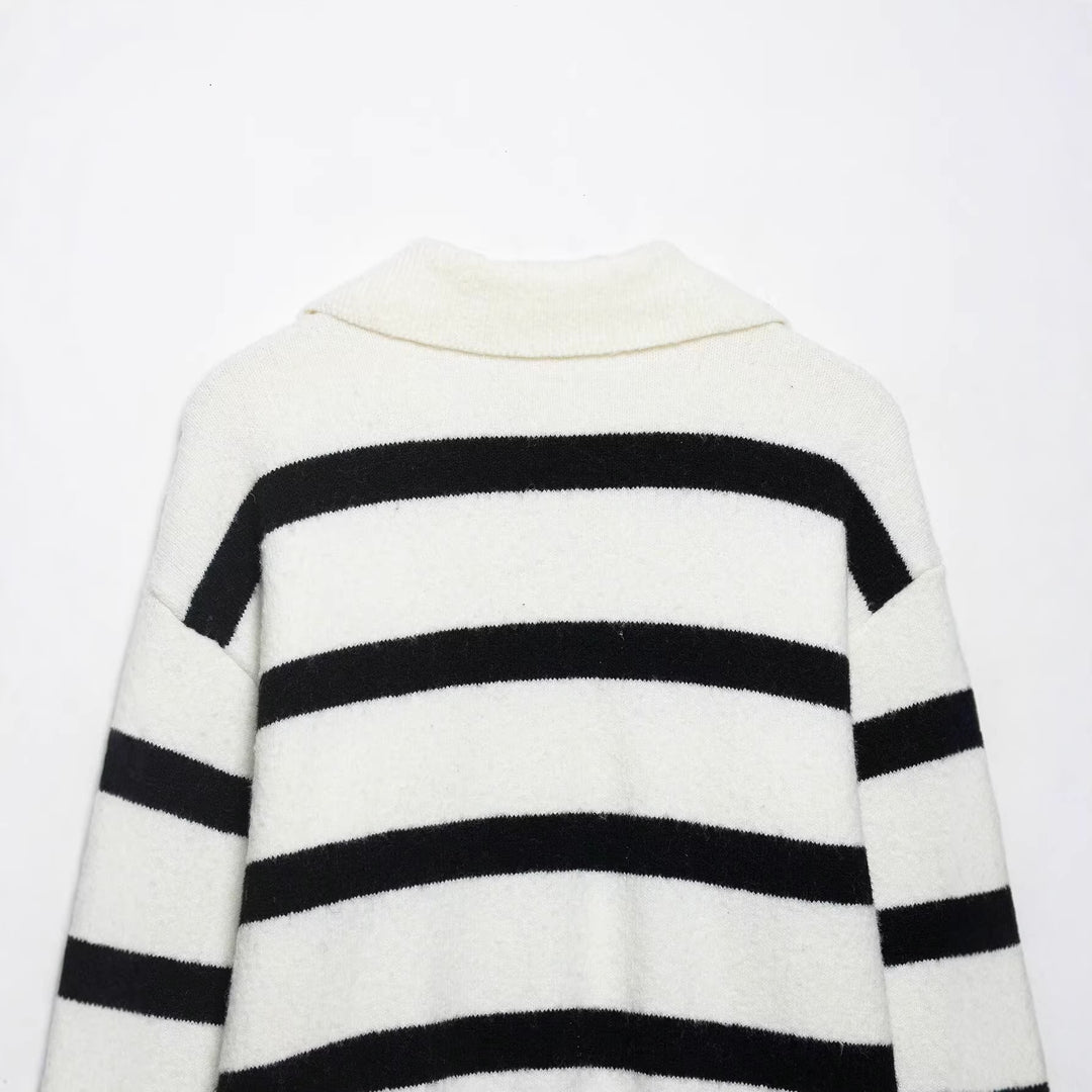Damen Gestreifter Oversize-Pullover mit Polokragen und tiefem V-Ausschnitt Drune