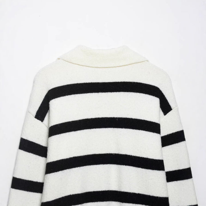 Damen Gestreifter Oversize-Pullover mit Polokragen und tiefem V-Ausschnitt Drune