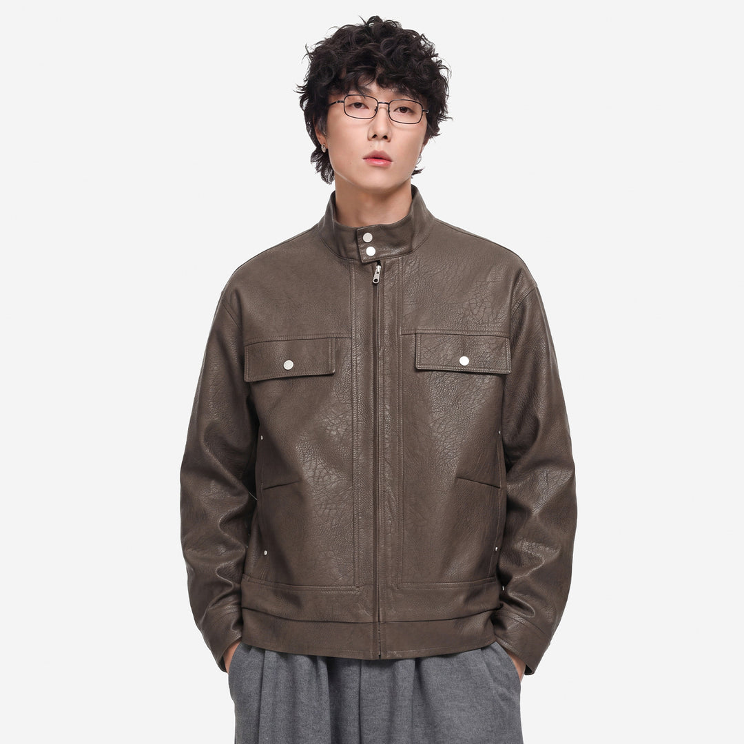 Herren Lederjacke im Fieldstil mit Stehkragen, Brustklappen und Reißverschluss Drune