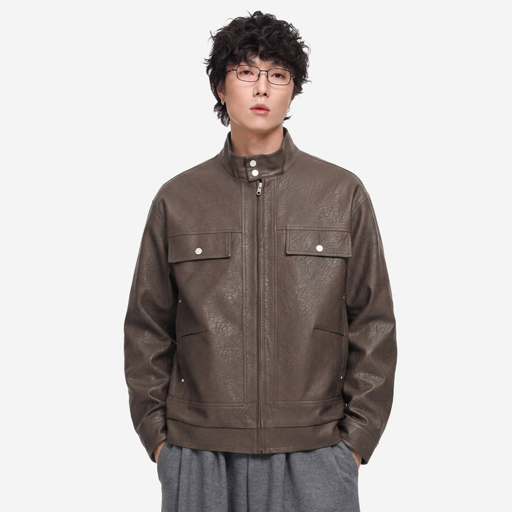 Herren Lederjacke im Fieldstil mit Stehkragen, Brustklappen und Reißverschluss Drune