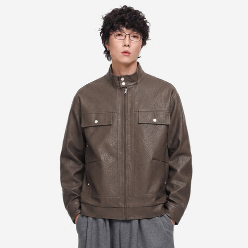 Herren Lederjacke im Fieldstil mit Stehkragen, Brustklappen und Reißverschluss Drune