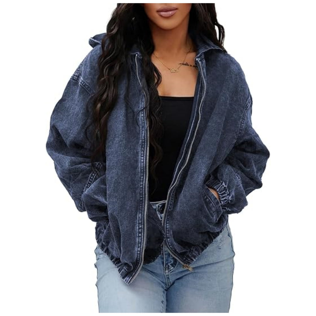 Damen Oversize Jeansjacke mit Kapuze, Reißverschluss und gerafftem Saum Drune