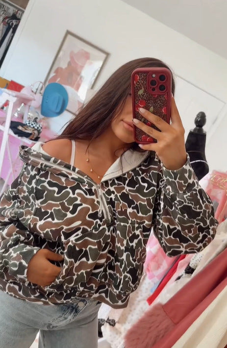 Damen Oversize Kapuzen-Half-Zip-Sweatshirt mit gefütterter Kapuze und Allover-Print Drune