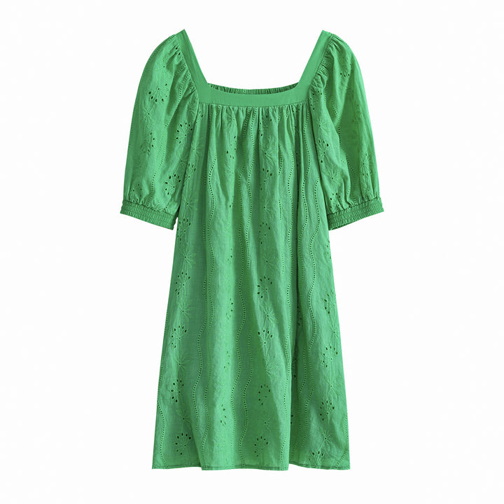 Damen Sommerliches Minikleid mit durchbrochenem Design und lässigen Puffärmel Drune