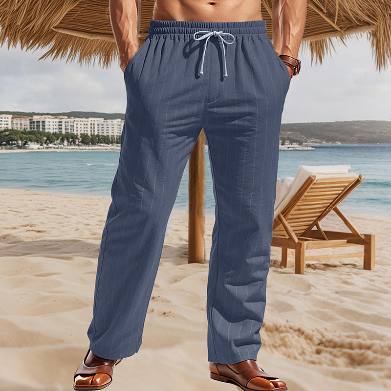 Herren Maritime Leinenoptik-Freizeithose mit Nadelstreifen elastischem Bund und seitlichen Eingrifftaschen Drune