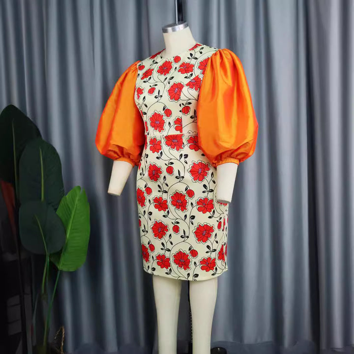 Damen figurbetontes Kleid mit voluminösen Puffärmeln und floralem Design Drune