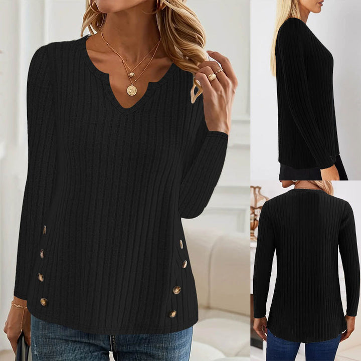 Damen Gerippter Feinstrickpullover mit V-Notch-Ausschnitt und seitlichen Zierknöpfen Drune