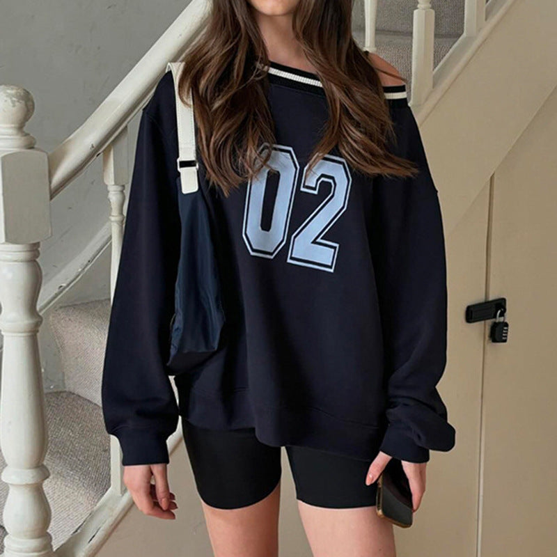 Damen lässiger Oversized Pullover mit sportlichem Print Drune