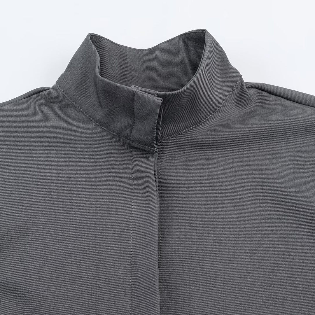 Damen Locker geschnittene Tunika‑Bluse mit verdeckter Knopfleiste und Stehkragen Drune