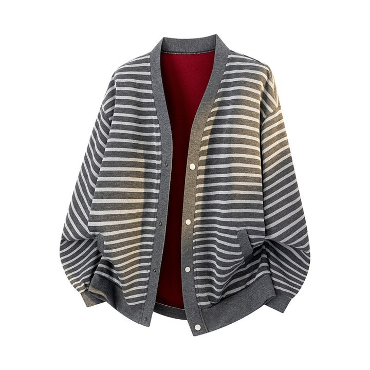 Damen Oversize-Streifencardigan mit Druckknopfleiste, Eingrifftaschen & Raglanärmeln Drune