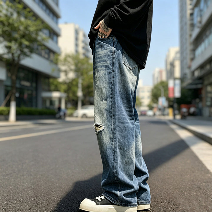 Herren Lässige Weit Geschnittene Ripped Jeans Drune