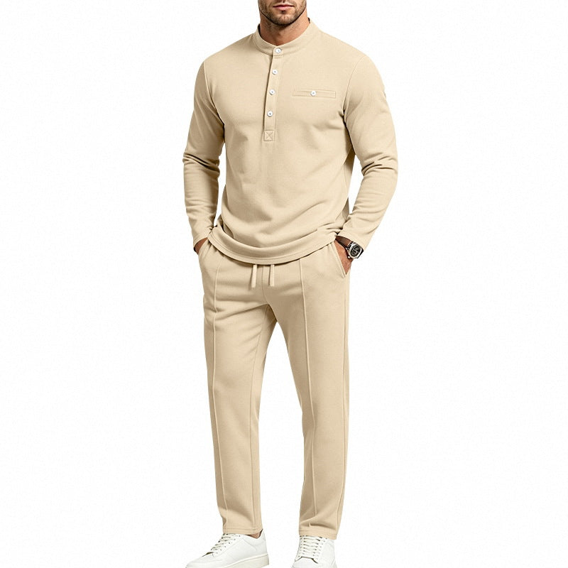 Herren Zweiteiliges Freizeitset mit Henley-Langarmshirt, Stehkragen und Komfort-Jogginghose Drune