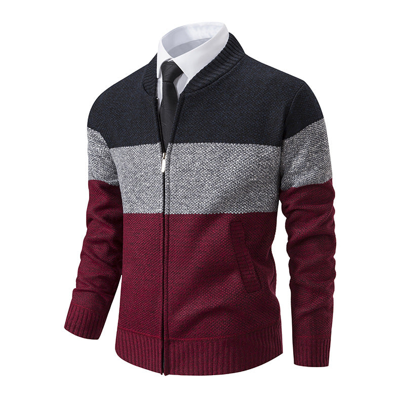 Herren Strukturierte Blockstreifen‑Strickjacke mit Frontzip, Stehkragen und Eingrifftaschen Drune
