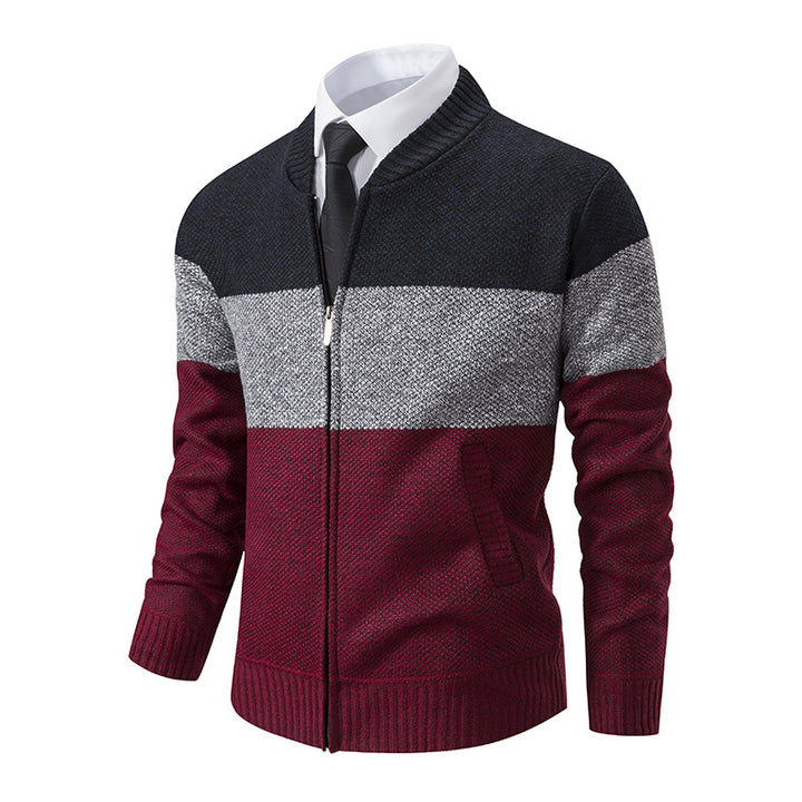 Herren Strukturierte Blockstreifen‑Strickjacke mit Frontzip, Stehkragen und Eingrifftaschen Drune