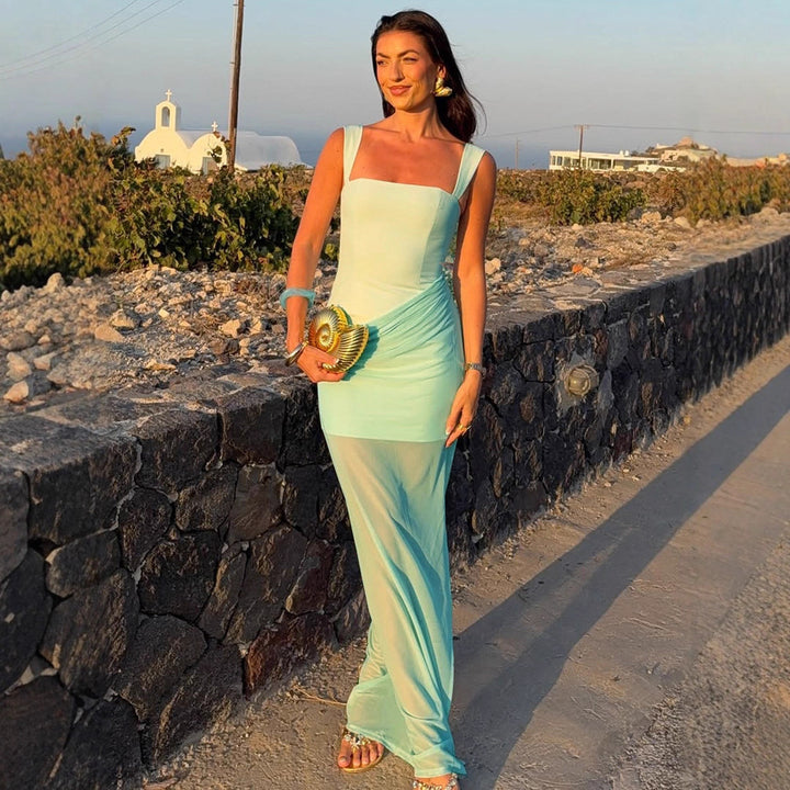 Damen Elegantes Maxikleid mit raffinierten Drapierungen und transparentem Rock Drune