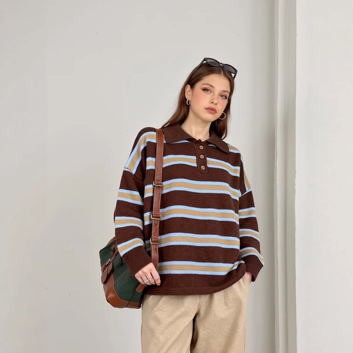Damen Gestreifter Oversize-Strickpullover mit Polokragen und Rippbündchen Drune