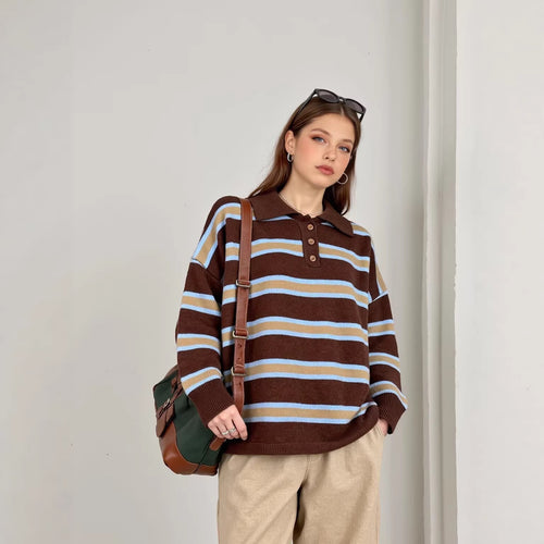 Damen Gestreifter Oversize-Strickpullover mit Polokragen und Rippbündchen Drune