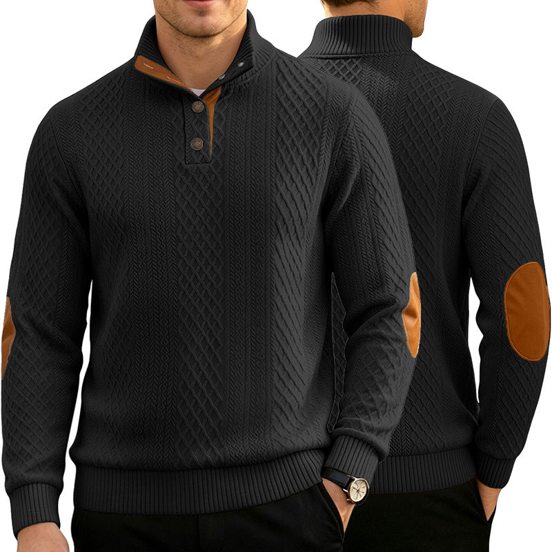 Herren Kabelstrick Troyer Pullover mit Stehkragen und Lederoptik-Ellbogen-Patches Drune