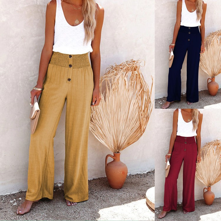 Damen weite Palazzo-Hose mit Knopfdetail und elastischem Bund Drune