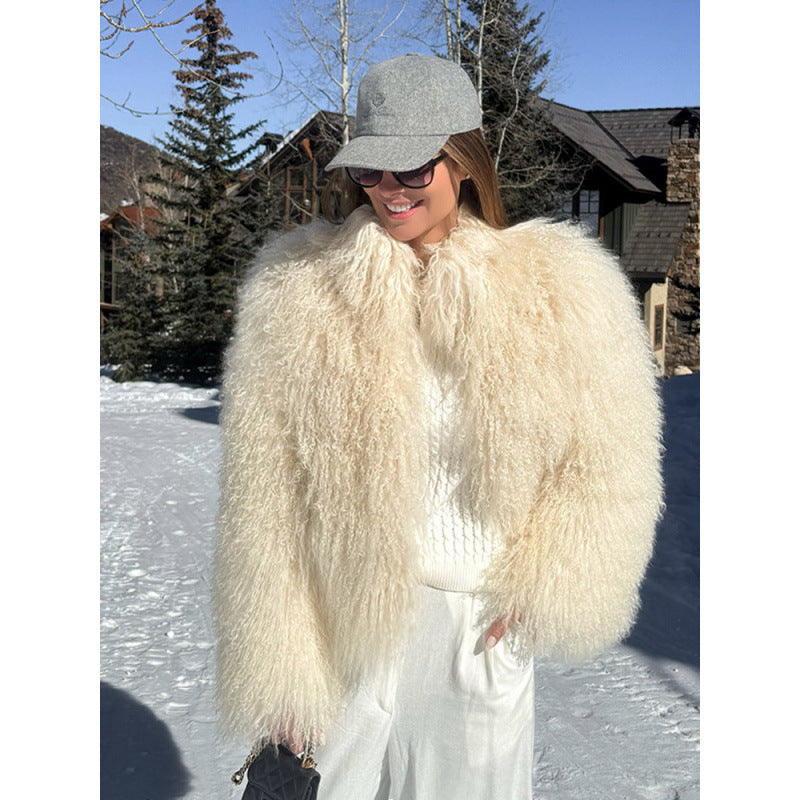 Damen Kuschelige Kurzjacke im Lammfell‑Look mit lockiger Long‑Pile‑Struktur Drune