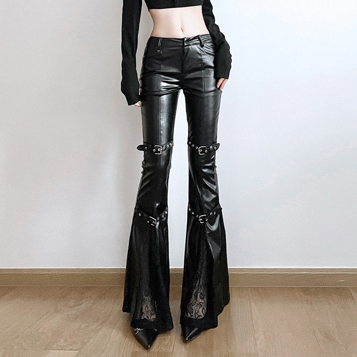 Damen Hochtaillierte Kunstleder-Hose mit ausgestelltem Schlag und doppelt geschnalltem Taillen-Gürtel Drune