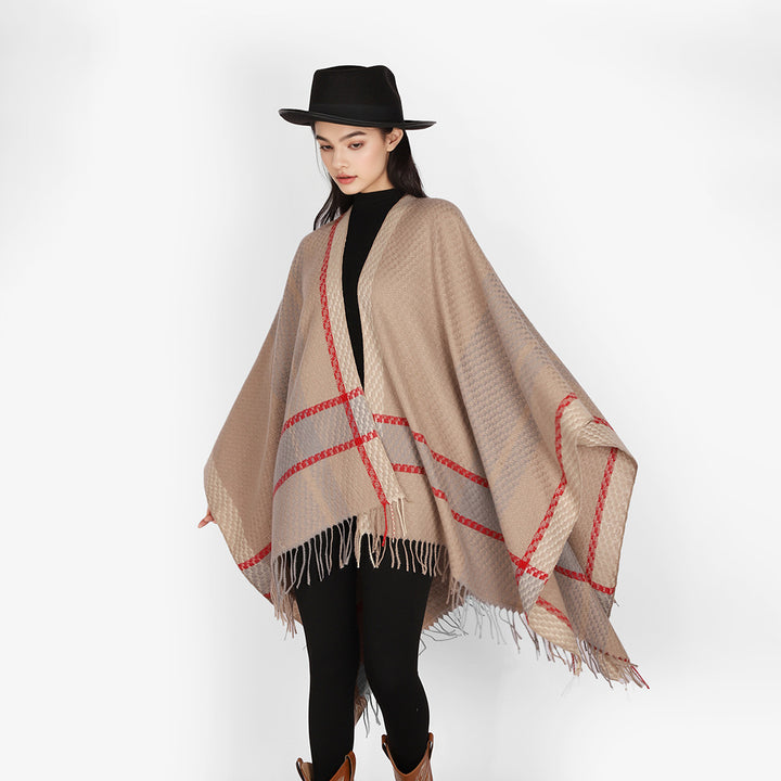 Damen Capeponcho mit Fransen und kariertem Jacquard-Design Drune