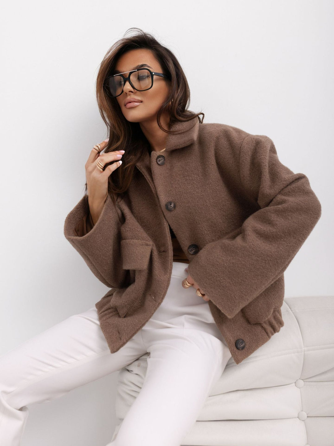 Damen Oversized Wolljacke mit Knopfdetails und elastischen Ärmeln Drune
