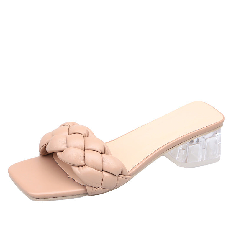 Damen Mules mit geflochtenem Riemen und transparentem Blockabsatz Drune