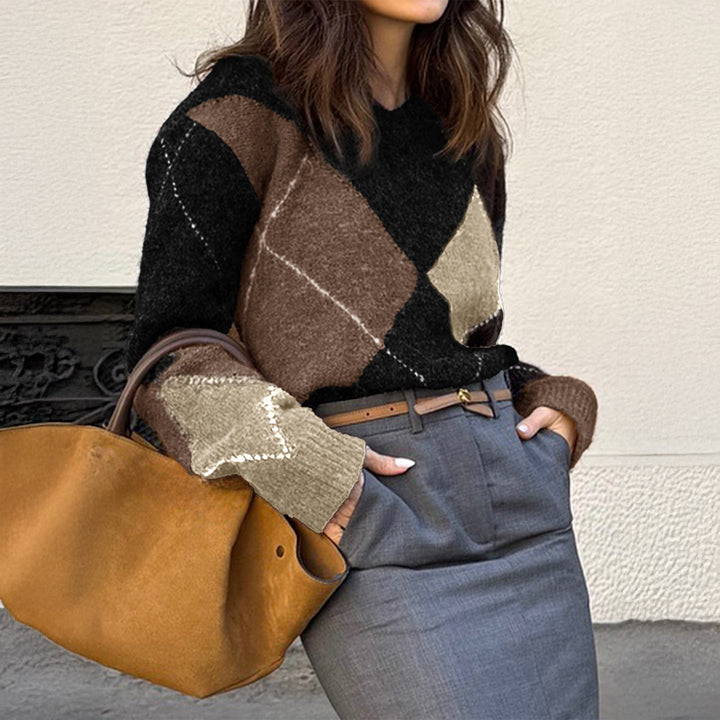 Damen nan oversized Argyle-Strickpullover mit kastigem Schnitt und geripptem Rundhalsausschnitt Drune
