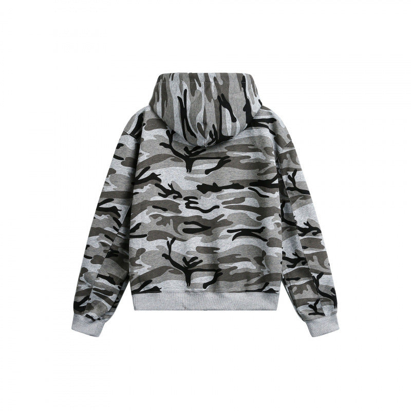 Unisex Kapuzenjacke mit Camouflage-Muster, durchgehendem Reißverschluss und Kängurutaschen Drune