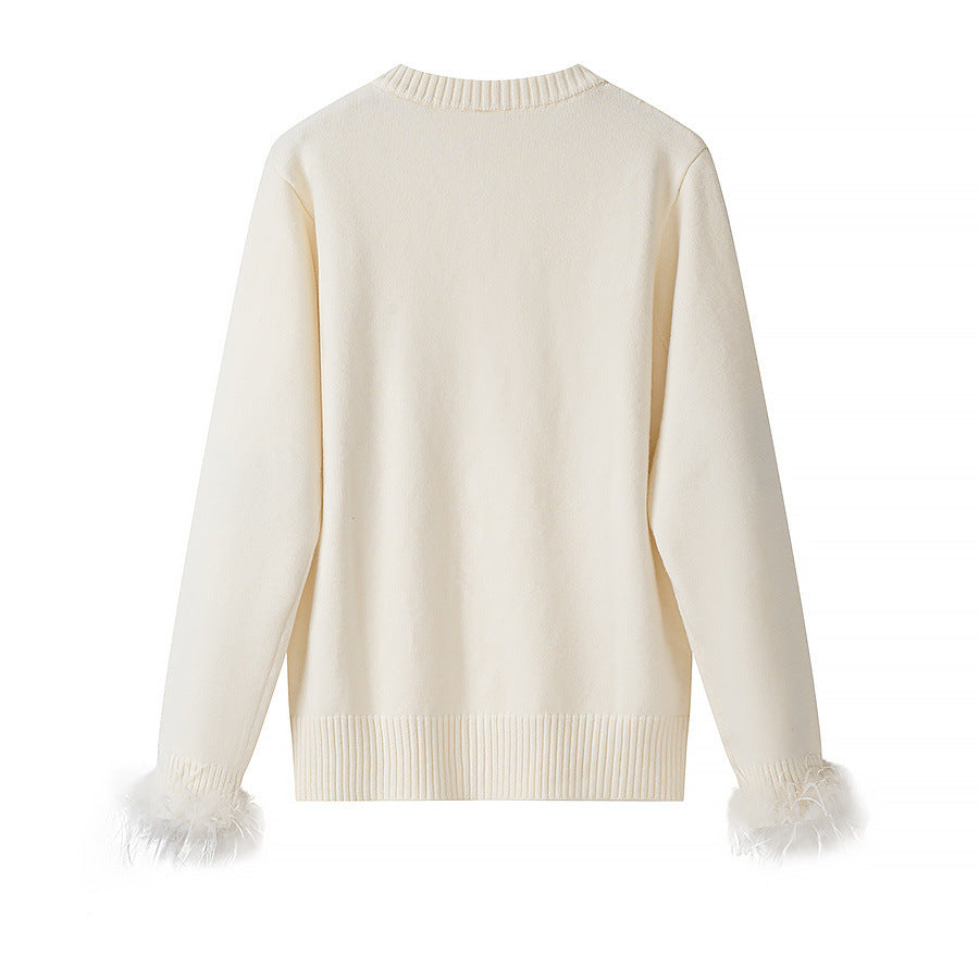 Damen Strickcardigan mit Perlenknopfleiste und Federbesatz Drune