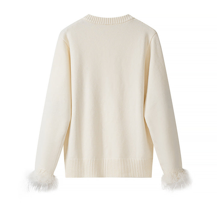 Damen Strickcardigan mit Perlenknopfleiste und Federbesatz Drune