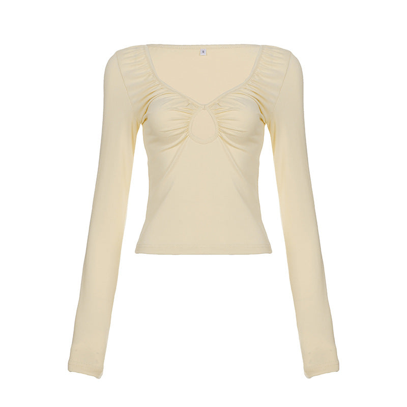Damen nan tailliertes Langarmshirt mit tiefem V-Ausschnitt, Raffung und Schlüssel‑Cutout Drune