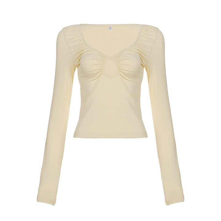 Damen nan tailliertes Langarmshirt mit tiefem V-Ausschnitt, Raffung und Schlüssel‑Cutout Drune