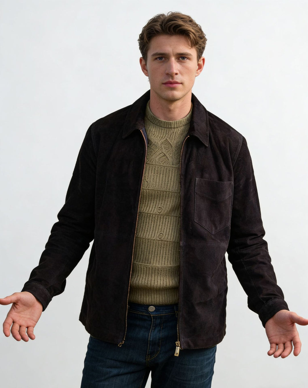 Herren Velourslederjacke mit Reißverschluss und Hemdkragen Drune