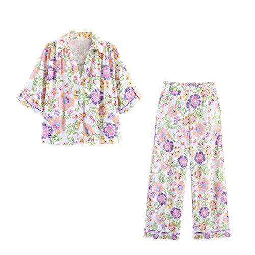Damen Weite Palazzo‑Hose mit floraler Stickerei und Hoher Taille Drune