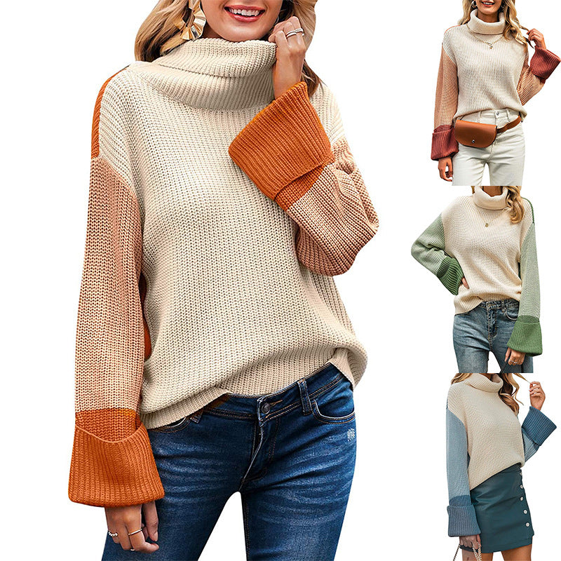 Damen nan lockerer Rollkragenpullover mit Colourblock-Ärmeln und weitem Trompetenärmel Drune