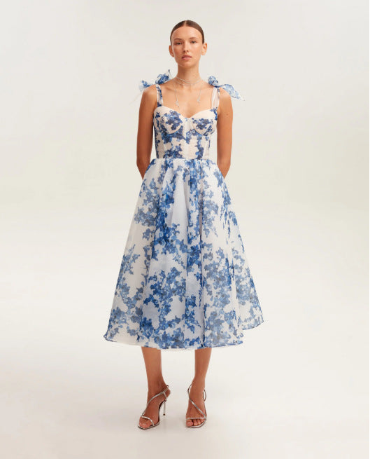 Damen Midikleid mit floralem Spitzenoberteil und zarten Rüschendetails Drune