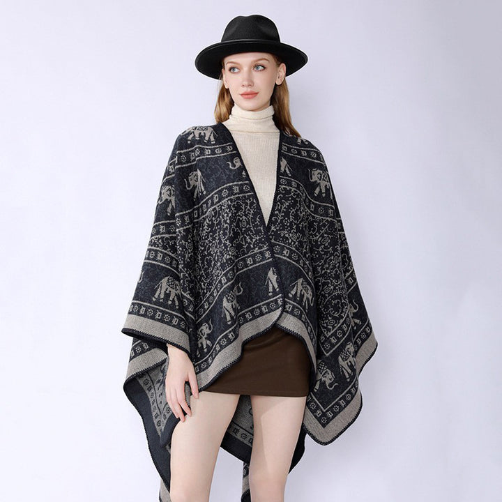 Damen Capeponcho im Wickelstil mit ornamentaler Jacquardstruktur und offenem Kimono-Fall Drune