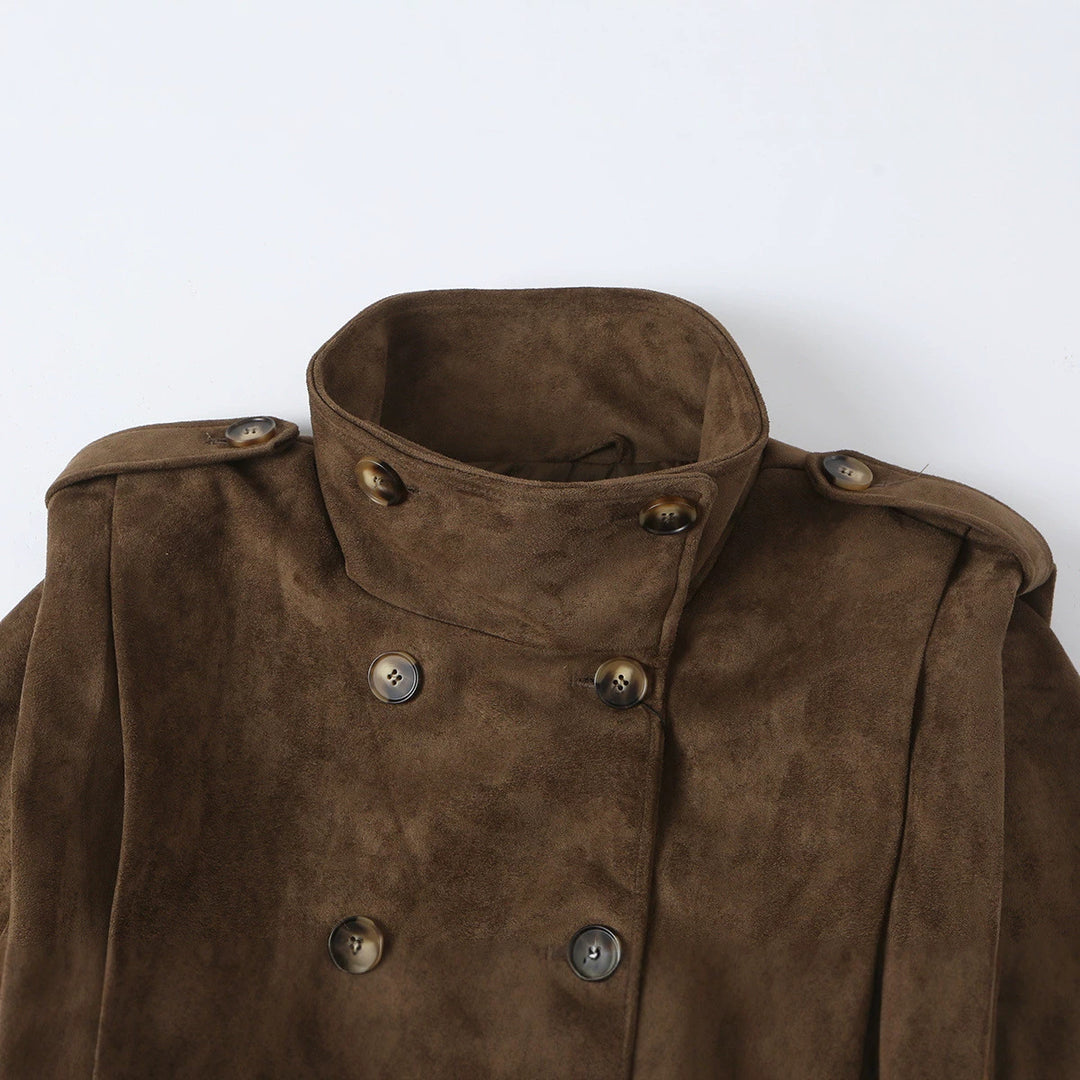 Damen Kurze Doppelreihige Velourslederjacke mit Stehkragen und Epauletten Drune