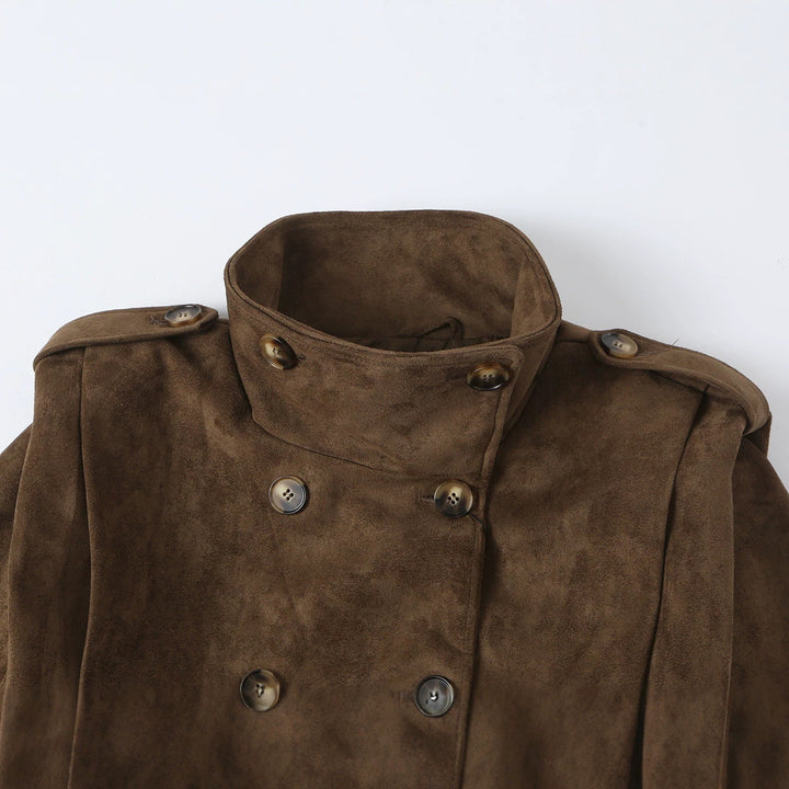 Damen Kurze Doppelreihige Velourslederjacke mit Stehkragen und Epauletten Drune