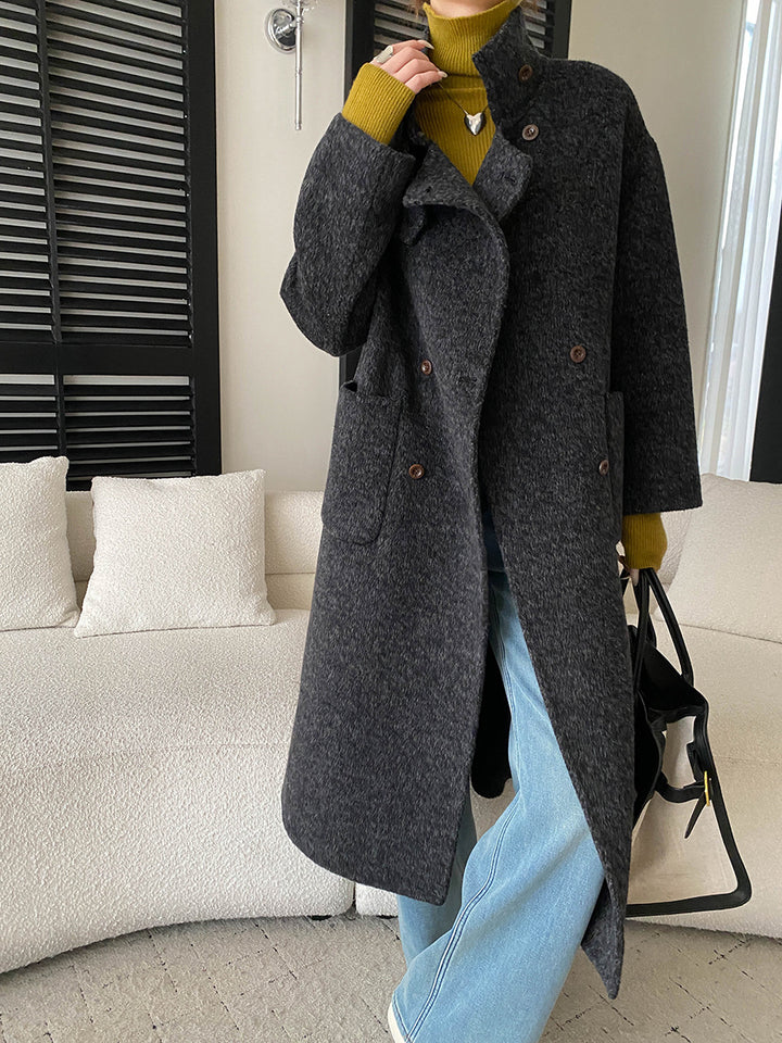 Damen eleganter Wollmantel mit doppelter Knopfleiste und Taillengürtel Drune