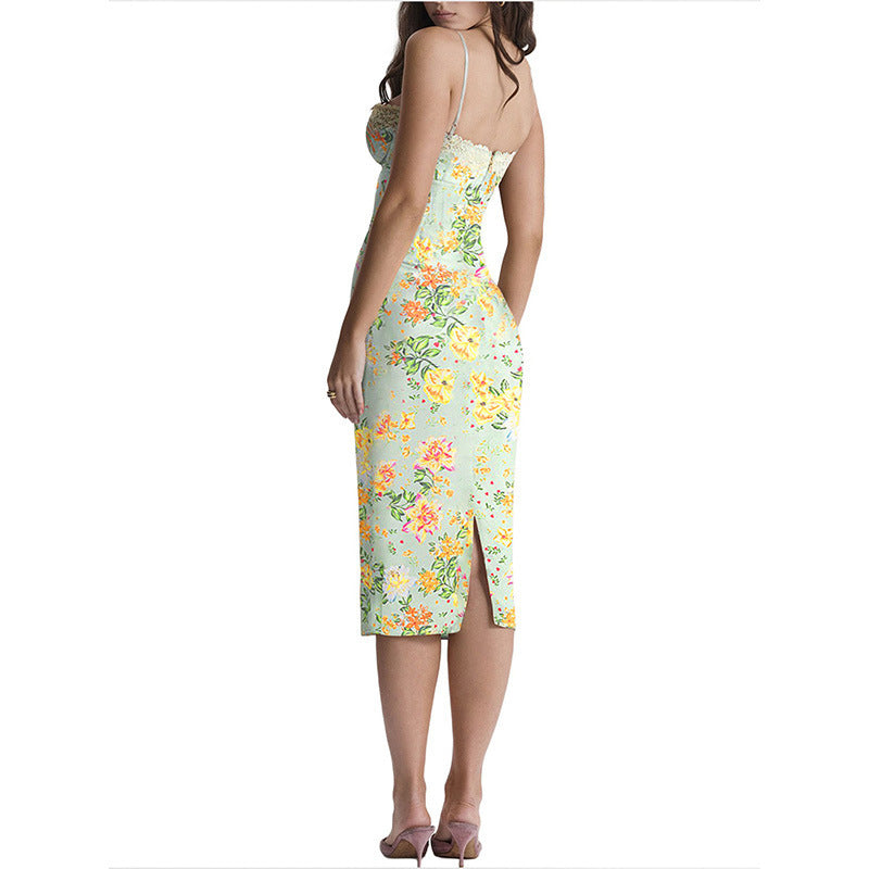Damen Sommerliches Blumenkleid mit zarter Spitze und Spaghetti-Trägern Drune
