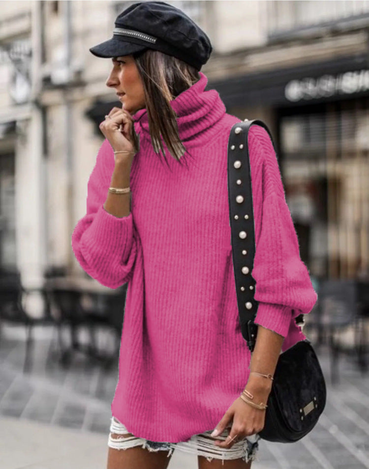 Damen Grobstrickpullover mit hohem Kragen und eleganten Knopfdetails Drune